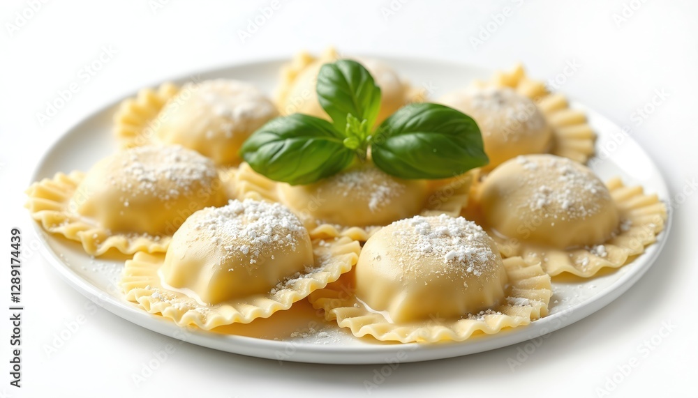 Close-up of ravioli shells topped with powder and basil leaf on plate. Italian pasta filled with cheese, ricotta, spinach. Delicious gourmet traditional meal. Close-up of ravioli shells topped with powder and basil leaf on plate. Italian pasta filled with cheese, ricotta, spinach. Delicious gourmet traditional meal.