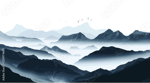 Dark mountains with foggy valley, vector dark forest with coniferous trees on a misty gloomy day, mysterious landscape, fog-covered hills, eerie woodland, atmospheric nature