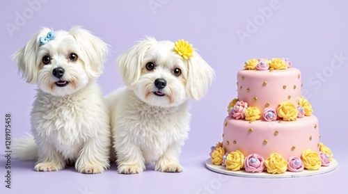 Bichon Frise puppies with cake and flowers against a pastel background. photo