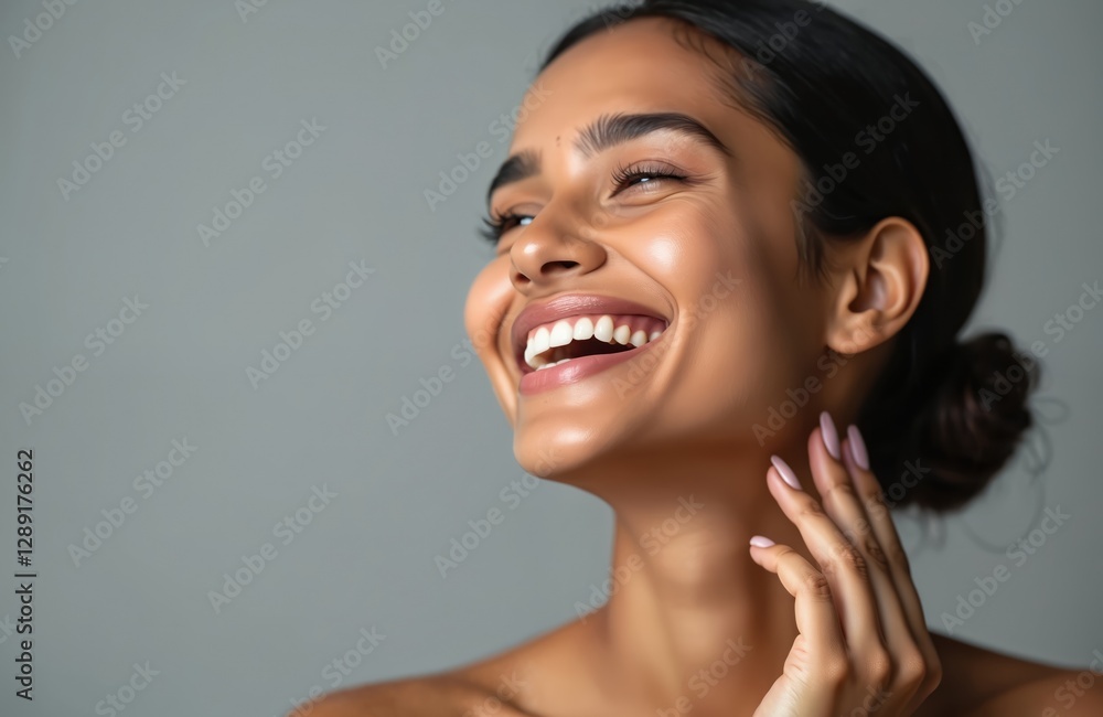 Happy young indian woman with perfect beaming skin. Attractive girl smiles. Beautiful healthy teeth, cosmetic skin care, spa wellness, aesthetic cosmetology. Natural clean fresh radiant face look. Happy young indian woman with perfect beaming skin. Attractive girl smiles. Beautiful healthy teeth, cosmetic skin care, spa wellness, aesthetic cosmetology. Natural clean fresh radiant face look.