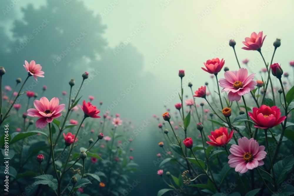 Obraz premium Shrouded in mist, the flowers seem to be awakening, vintage floral, misty flower background abstract