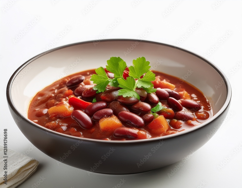 Fotografía de estudio profesional de un plato de estofado de alubias Rojas con su guarnición, de fondo blanco, 4k, ultra realista. Fotografía de estudio profesional de un plato de estofado de alubias Rojas con su guarnición, de fondo blanco, 4k, ultra realista.