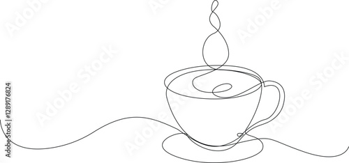 Artistic coffee cup line illustration isolated on solid white background. 32k, full ultra HD, high resolution, vector.