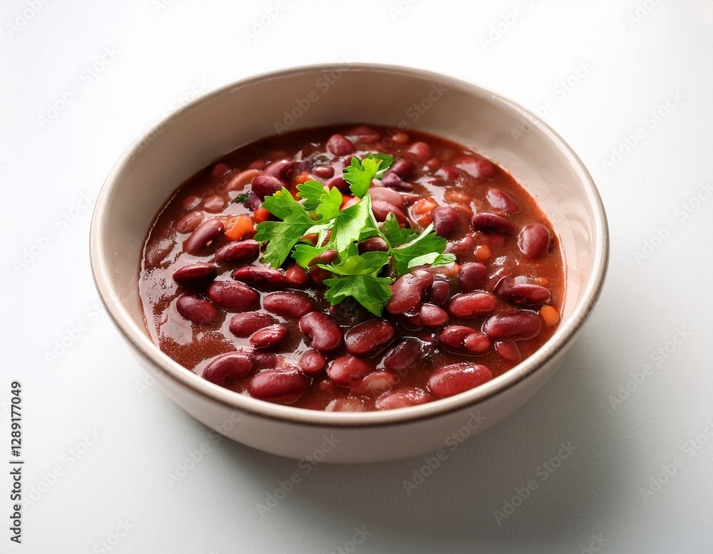 Fotografía de estudio profesional de un plato de estofado de alubias Rojas con su guarnición, de fondo blanco, 4k, ultra realista. Fotografía de estudio profesional de un plato de estofado de alubias Rojas con su guarnición, de fondo blanco, 4k, ultra realista.