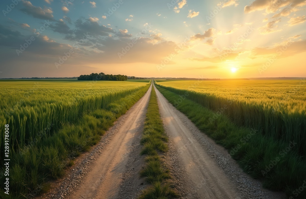 Dirt road through green wheat fields at sunset. Rural countryside landscape with golden sun over horizon. Natural scenery with agriculture land, way direction. Scenery stock photo promotes calm, Dirt road through green wheat fields at sunset. Rural countryside landscape with golden sun over horizon. Natural scenery with agriculture land, way direction. Scenery stock photo promotes calm,