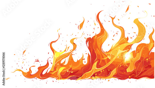 Fire flames vector, intense burning sparks, blazing hot flames, wildfire heat, fire explosion, glowing embers, scorching fire background, realistic flames, bright fire effect
