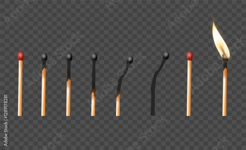 Matchbox, empty package for match sticks in top and perspective view. Realistic mockup of 3d blank box. Stages of burning the match. Symbol of ignition burning. Vector