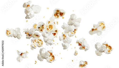 Macro flying popcorn isolated on white, vector, with clipping path, crispy snack, popped corn, cinema snack, crunchy popcorn, fluffy popcorn, gourmet popcorn