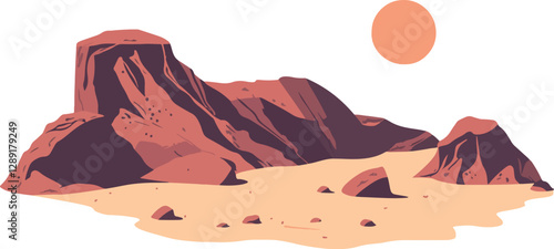 Drawing of mountains and sun in warm colours
