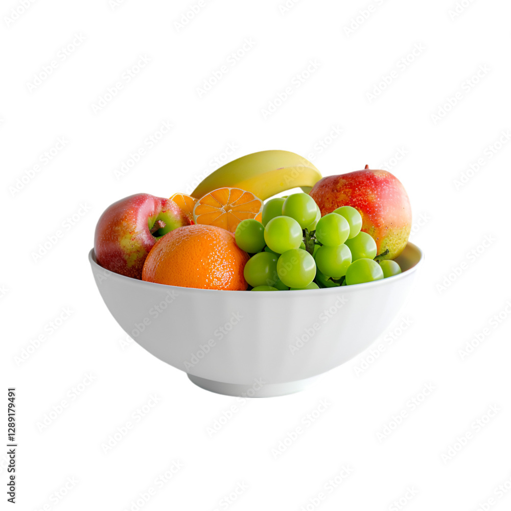 Fresh fruit in a white bowl healthy eating apples oranges grapes banana mandarin Fresh fruit in a white bowl healthy eating apples oranges grapes banana mandarin