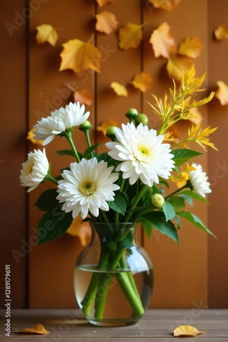 Wallpaper Mural An arrangement of white chrysanthemums and dahlias in a glass vase against the backdrop of golden autumn leaves on a wooden wall, leaf fall, floral arrangements, vases Torontodigital.ca