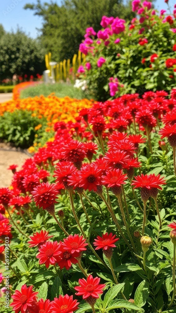 A sunny garden bed filled with a profusion of Red Turk's cap flowers, turks cap flowers, blooming, landscape A sunny garden bed filled with a profusion of Red Turk's cap flowers, turks cap flowers, blooming, landscape