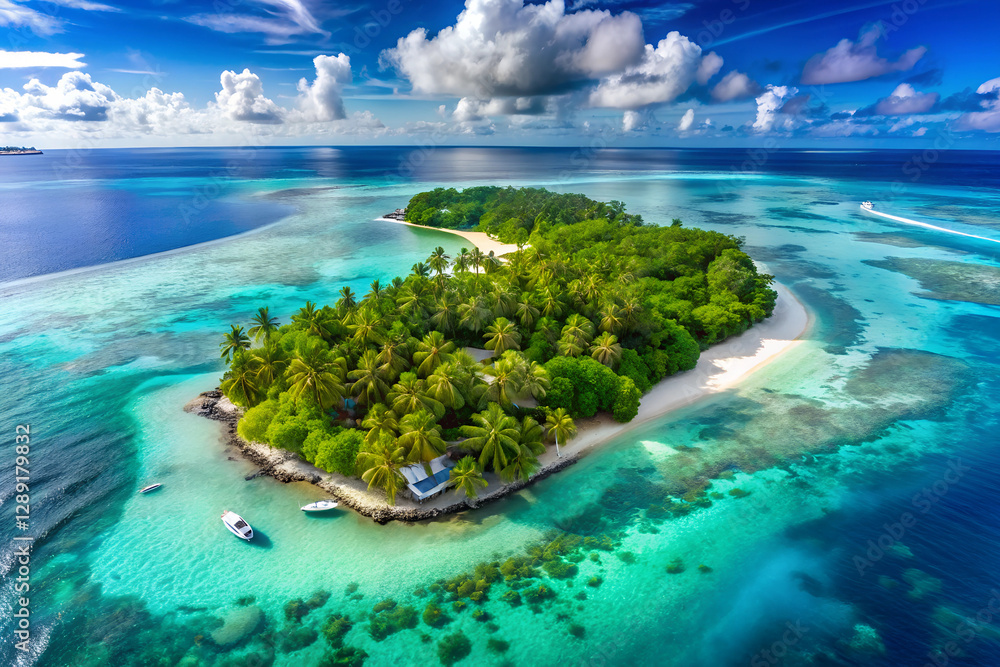 Obraz premium Aerial View of Tropical Island with Turquoise Water – Dream Travel Destination