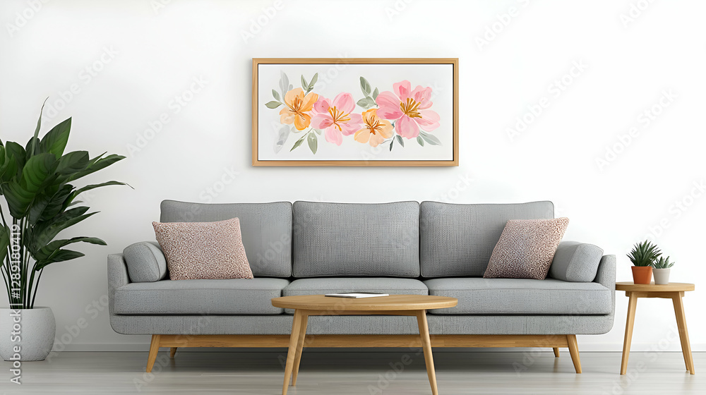 Fototapeta premium Pastel Watercolor Floral Painting in Modern Living Room