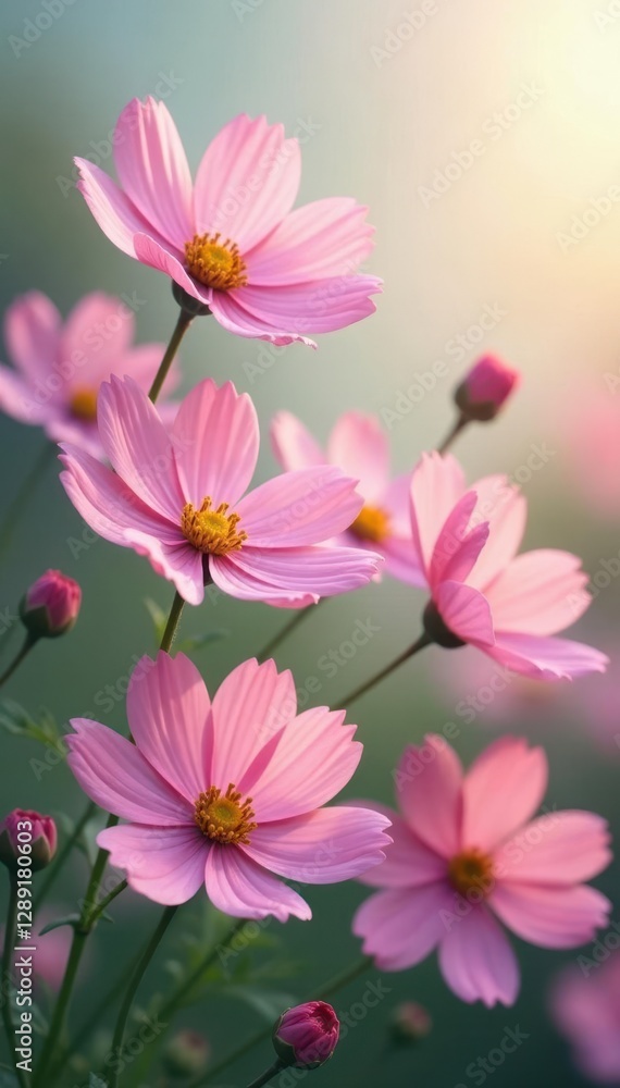 Obraz premium Pink cosmos flowers swaying gently in the breeze with soft pastel shades, nature, breeze