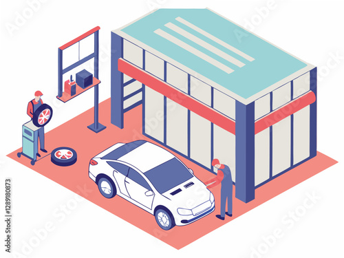An isometric illustration of a car being worked on in a garage. High quality