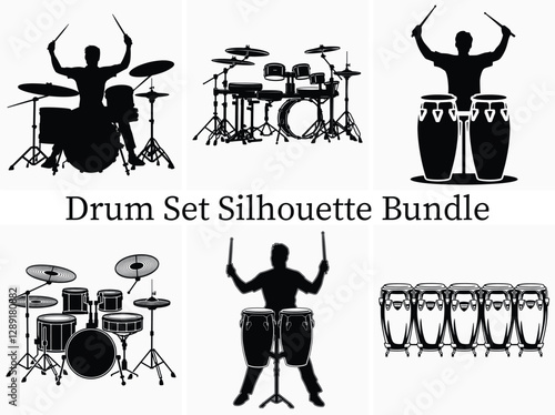 Black and white classical music drum set silhouette clipart bundle design. vector illustration.