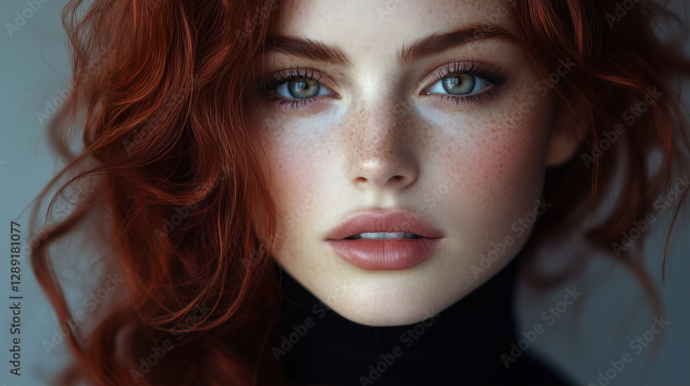 Fototapeta premium Stunning Portrait of a Woman with Deep Red and Black Wavy Hair and Intense Gaze