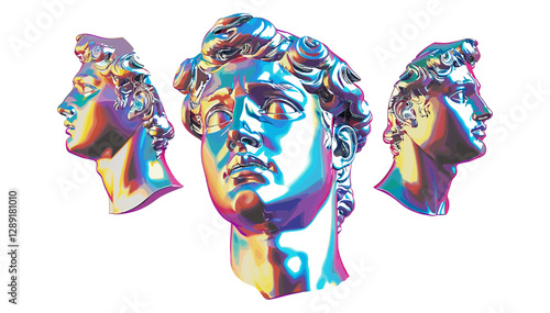 Vector fragmented classical sculpture of a youth’s head in iridescent chrome, isolated on transparent background, modern bust, futuristic statue, abstract art