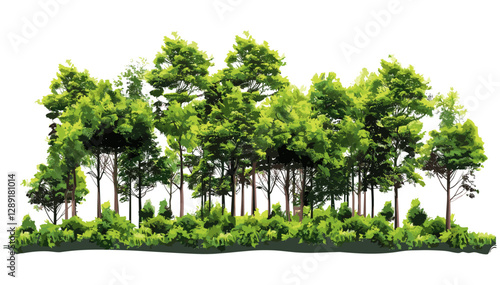 Summer forest scenery, vector trees and foliage, woodland landscape, green nature, row of trees and shrubs, peaceful outdoors, natural environment