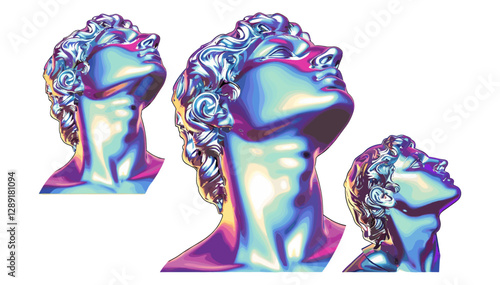 Fragmented classical sculpture of a youth’s head in iridescent chrome, vector, isolated on transparent background, futuristic bust, 3D art, antique statue