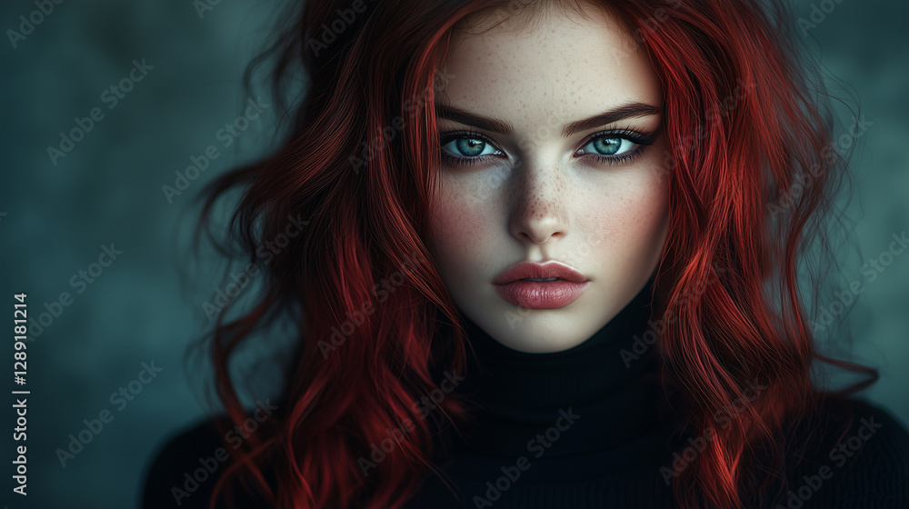 Stunning Portrait of a Woman with Deep Red and Black Wavy Hair and Intense Gaze Stunning Portrait of a Woman with Deep Red and Black Wavy Hair and Intense Gaze
