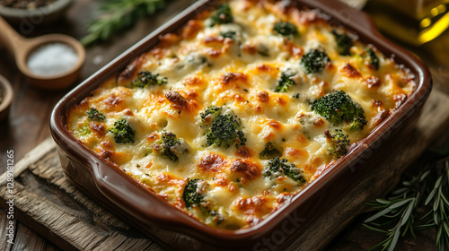 Rectangular Baking Dish Filled with Homemade Broccoli and Cheese Casserole