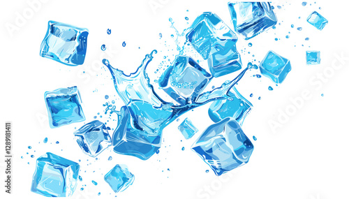 Vector flying ice cubes with water splash, fresh blue ice cubes falling and splashing isolated on white or transparent PNG, cold water drops, refreshing splash, clear ice