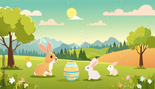 This pixel art illustration depicts a charming scene featuring three adorable rabbits alongside colorful Easter eggs nestled within a vibrant field