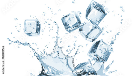 Fresh ice cubes vector, cold splash, isolated on white, transparent PNG, frozen water, realistic cool effect, melting ice, chilled beverage element, refreshing frost, clear icy texture