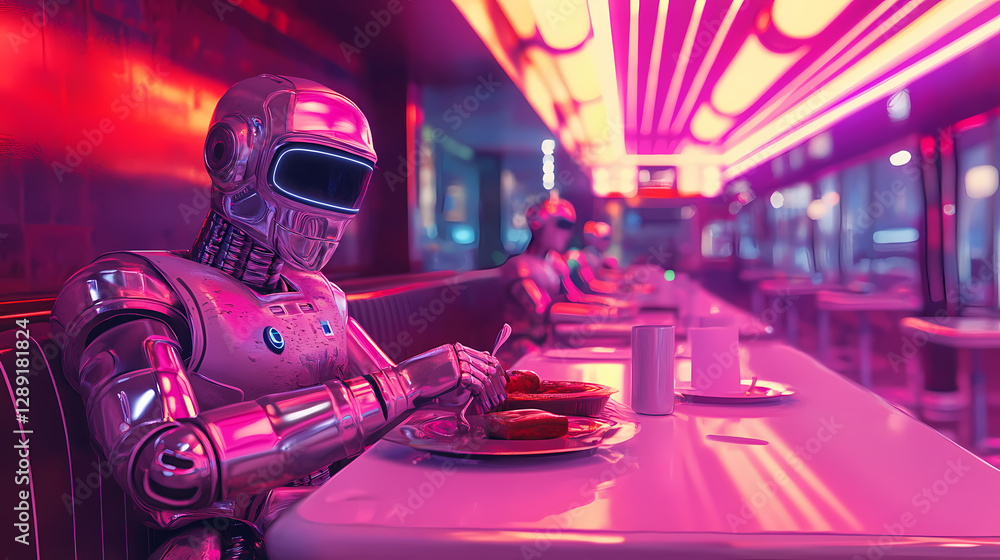 Futuristic robots enjoying meal in neon-lit diner environment. Retro-Futuristic Diner Scene. Illustration Futuristic robots enjoying meal in neon-lit diner environment. Retro-Futuristic Diner Scene. Illustration