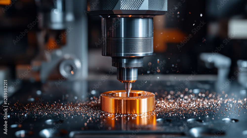 Close-up CNC Micro-Drilling Copper Part with Precise Tool Movement Close-up CNC Micro-Drilling Copper Part with Precise Tool Movement