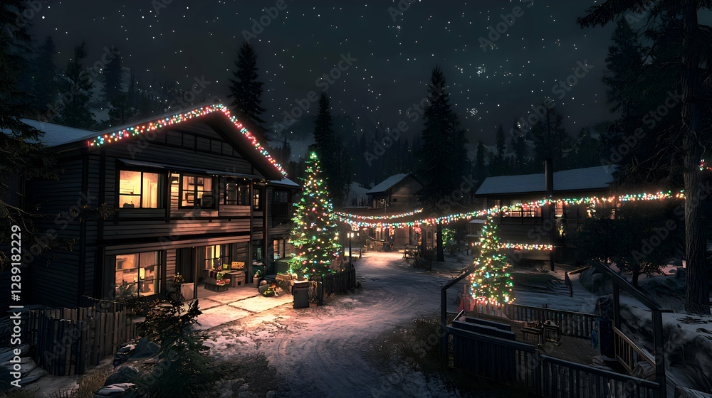 Snowy Christmas Village at Night with Illuminated Houses and Trees Snowy Christmas Village at Night with Illuminated Houses and Trees