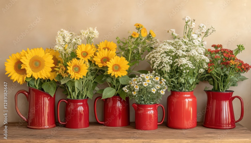 Vibrant sunflowers and daisies in red pitchers on rustic wooden surface. Warm, inviting atmosphere Vibrant sunflowers and daisies in red pitchers on rustic wooden surface. Warm, inviting atmosphere