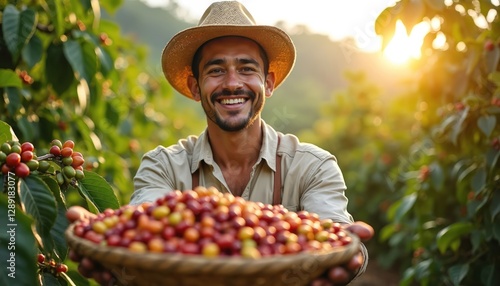 Happy farmer shows hatful of ripe coffee beans. Coffee plants in background on sunlit day. Authenticity, rustic charm. Sustainable farming. Fresh, quality produce, environmental stewardship,
