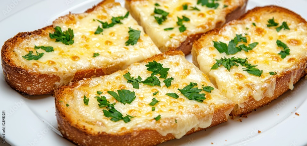 Golden, cheesy garlic bread with fresh parsley, served warm on a white plate, perfect for appetizers or snacks. Golden, cheesy garlic bread with fresh parsley, served warm on a white plate, perfect for appetizers or snacks.