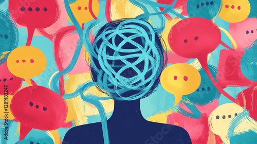 Illustration of overcoming stress and anxiety, visualized by tangled thoughts becoming a calm, structured pattern, shown with speech bubbles above symbolic emotion blocks