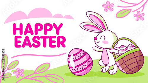 Happy Easter greeting card with cute bunny and basket of easter eggs A