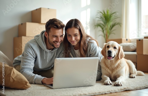 Glad couple discusses repair projects, looks attentively into laptop. Their dog lies near them. People pose in living room on floor in casual clothes. New home concept. Online shopping.