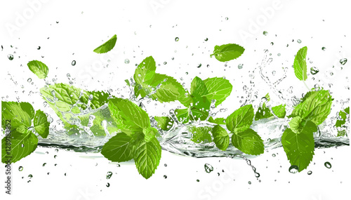 Mint leaves with splashing water drops, fresh, herbal, organic, green, natural, peppermint, clipart, realistic, plant, refreshing, leaf, splash