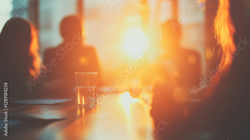Dreamy softly lit business collaboration session at sunset indoor conference room professional warm atmosphere engaging discussion
