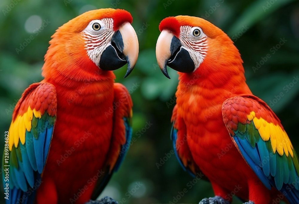 Fototapeta premium Two vibrant macaws perched together, showcasing their colorful feathers in a lush green environment