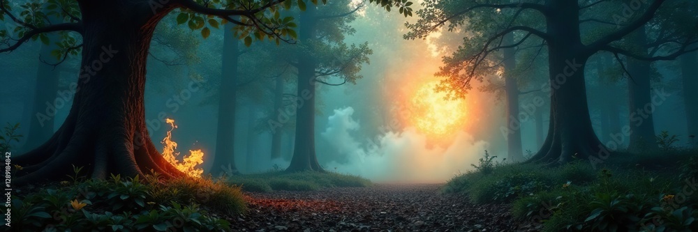 Fototapeta premium An ethereal mist rises from the heart of an ancient, mystical forest as flames dance among the trees, mystical, ancient