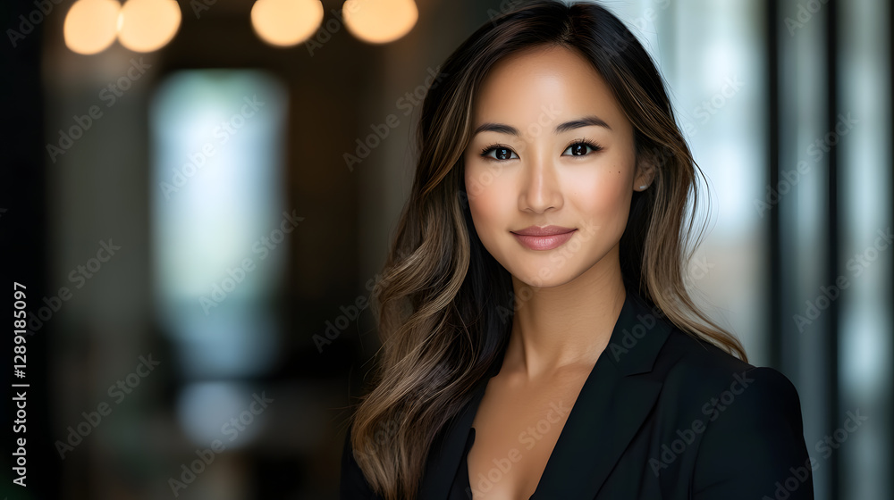 Obraz premium Elegant corporate headshot of professional woman in office setting portrait photography modern environment confident viewpoint