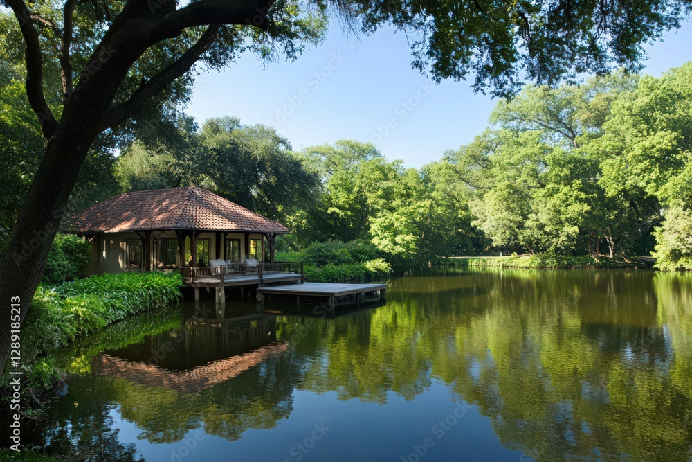 Tranquil lakeside pavilion nestled amongst lush green foliage, reflecting on calm waters under a clear blue sky Tranquil lakeside pavilion nestled amongst lush green foliage, reflecting on calm waters under a clear blue sky
