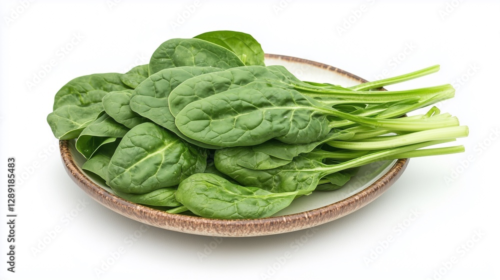 fresh raw spinach on a plate isolated on white background fresh raw spinach on a plate isolated on white background