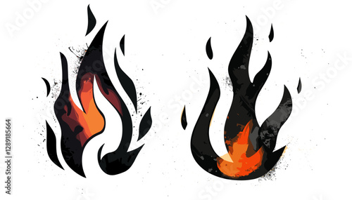 Graffiti-style flame stencil, vector spray paint effect, flame symbol, street art design, urban fire icon, grunge burning sign, isolated on transparent background,