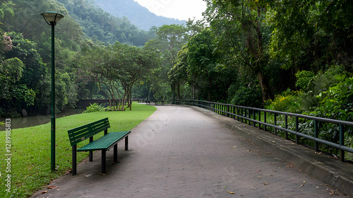 Wallpaper Mural Serene Park Path with Green Bench and Lush Greenery Torontodigital.ca