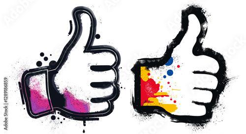 Graffiti-style thumbs up icon, vector stencil with spray paint effect, isolated on transparent background, urban art, street design, grunge symbol, hand gesture, approval sign