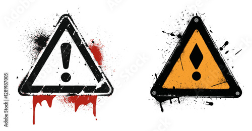 Vector warning symbol stencil with spray paint effect, graffiti-style caution sign isolated on transparent background, urban grunge hazard icon, street art design